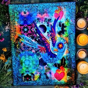 Sparrow Sugar Skull Sacred Heart 16x20 Large Colorful Art Canvas Handmade Decor